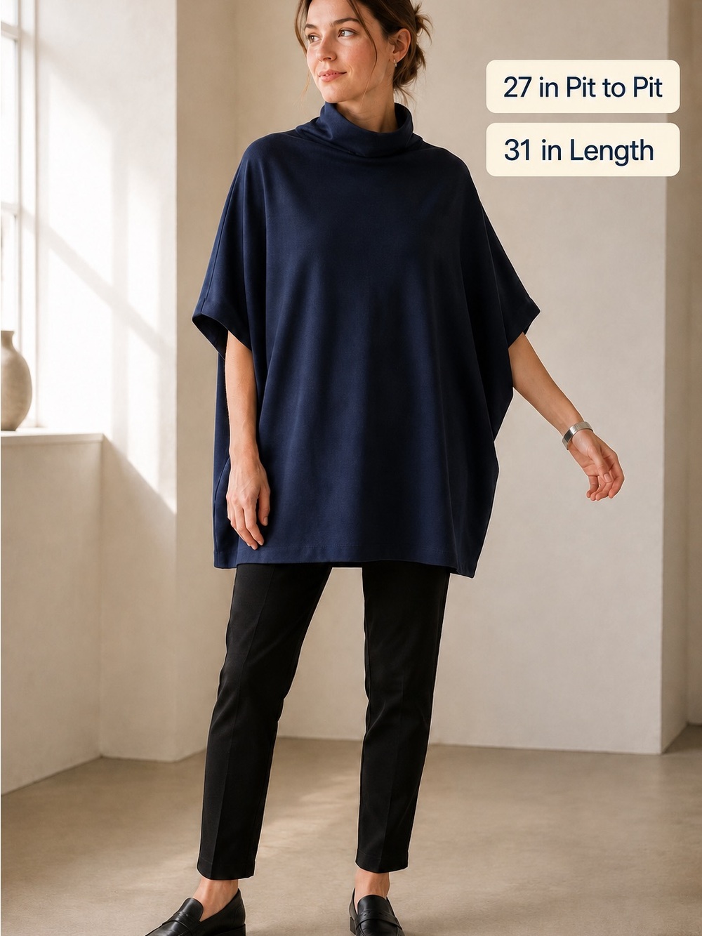 Kal Rieman Women’s XL Navy Funnel Neck Poncho Tunic Top Oversized Minimalist